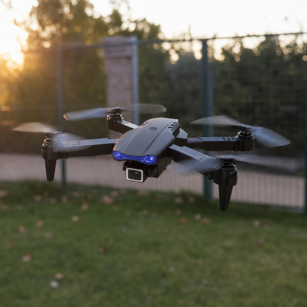 Mi Primer Dron Zettro volando en un patio al atardecer