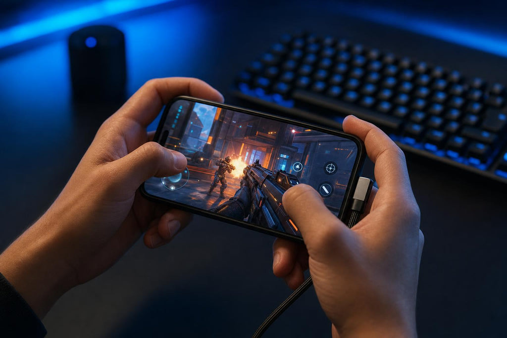 Jugando en el teléfono mientras carga con el cable Zettro sin que estorbe
