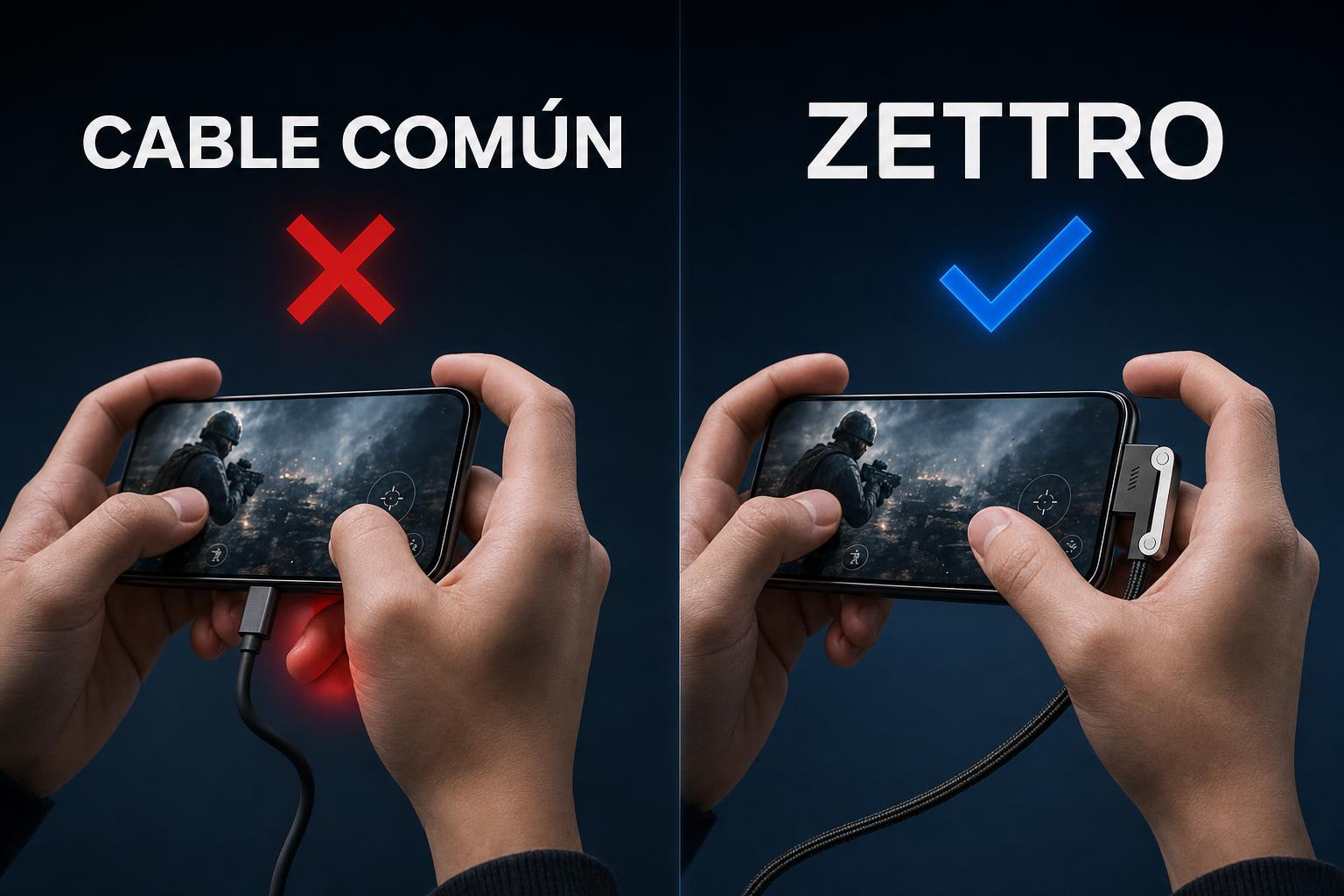 Comparación: cable común se clava en la mano vs cable Zettro en ángulo