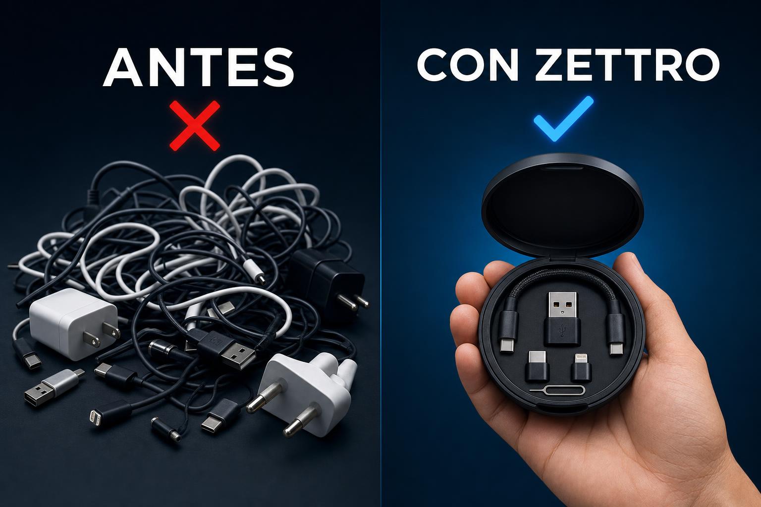 Comparación: montón de cables enredados frente al kit Zettro