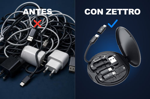 Comparación: montón de cables y cargadores frente al kit Zettro
